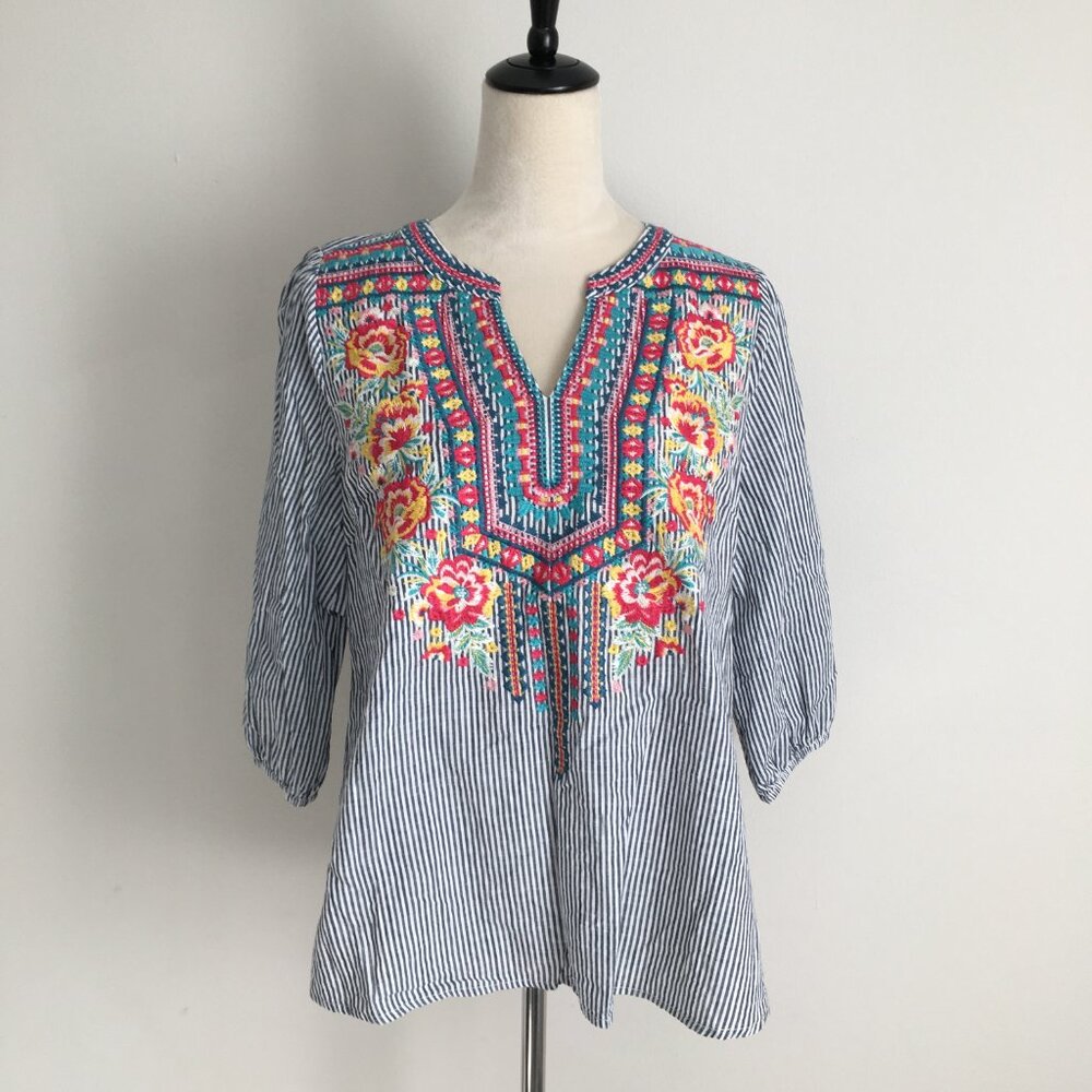 SAVANNAH JANE Striped Multicolor Floral Embroidery 3/4 Sleeve Shirt - Picture 4 of 10